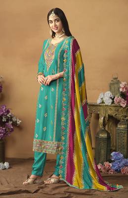 Faux georgette embroidered salwar suit in turquoise 2