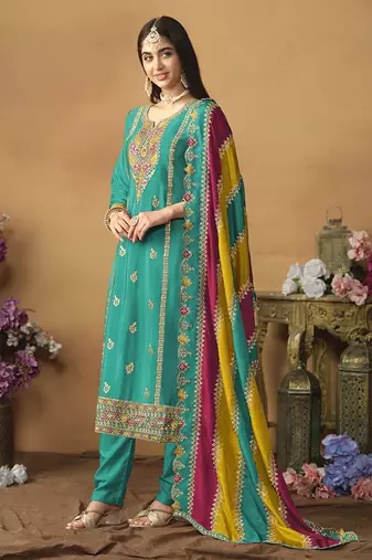 Faux georgette embroidered salwar suit in turquoise