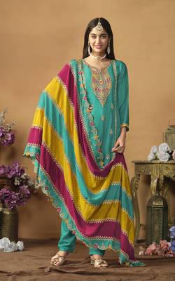 Faux georgette embroidered salwar suit in turquoise 1