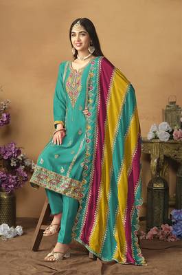 Faux georgette embroidered salwar suit in turquoise 3