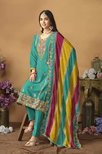 Faux georgette embroidered salwar suit in turquoise