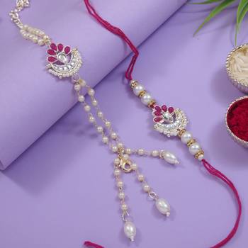 I jewels designer kundan pearl hanging bhaiya bhabhi lumba rakhi bracelet combo set 1