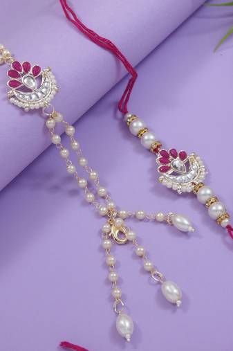 I jewels designer kundan pearl hanging bhaiya bhabhi lumba rakhi bracelet combo set