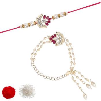 I jewels designer kundan pearl hanging bhaiya bhabhi lumba rakhi bracelet combo set 2