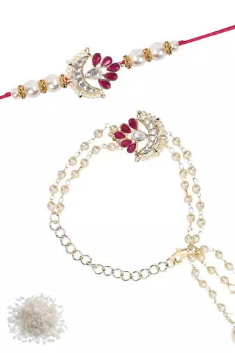 I jewels designer kundan pearl hanging bhaiya bhabhi lumba rakhi bracelet combo set