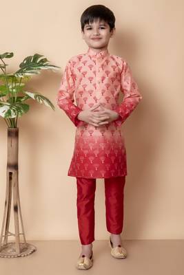 printed peach dupion silk kurta and pajama set for boys 1
