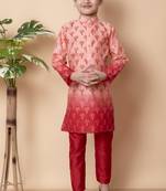 printed peach dupion silk kurta and pajama set for boys