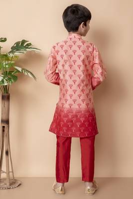 printed peach dupion silk kurta and pajama set for boys 2