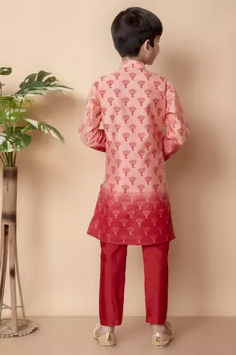 printed peach dupion silk kurta and pajama set for boys