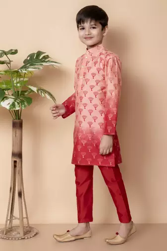 printed peach dupion silk kurta and pajama set for boys