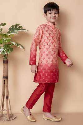 printed peach dupion silk kurta and pajama set for boys 4