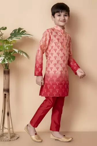 printed peach dupion silk kurta and pajama set for boys
