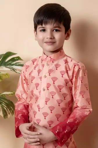 printed peach dupion silk kurta and pajama set for boys