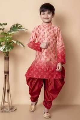 printed peach dupion silk kurta and patiyala set for boys 1