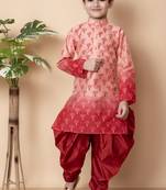 printed peach dupion silk kurta and patiyala set for boys