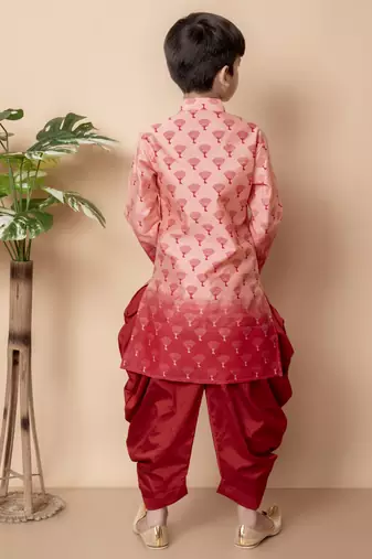 printed peach dupion silk kurta and patiyala set for boys