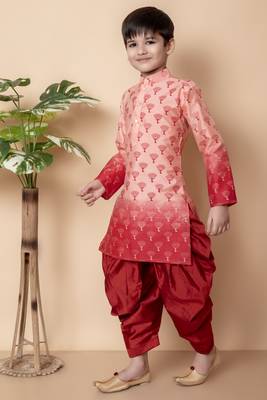 printed peach dupion silk kurta and patiyala set for boys 3