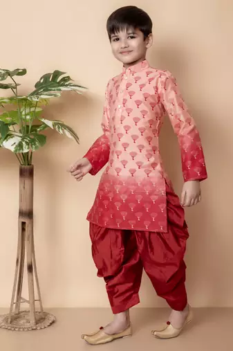 printed peach dupion silk kurta and patiyala set for boys
