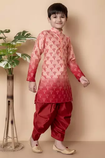 printed peach dupion silk kurta and patiyala set for boys