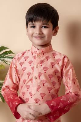 printed peach dupion silk kurta and patiyala set for boys 5