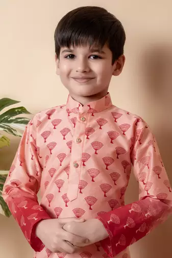 printed peach dupion silk kurta and patiyala set for boys