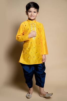 Nfc creation embroidery & mirror work yellow dupion silk kurta and patiyala set for boys 1