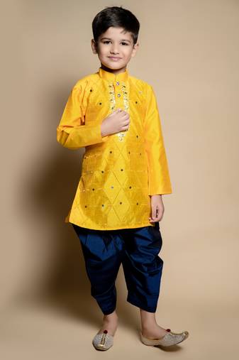 Nfc creation embroidery & mirror work yellow dupion silk kurta and patiyala set for boys