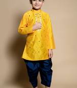 Nfc creation embroidery & mirror work yellow dupion silk kurta and patiyala set for boys