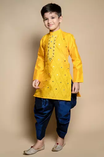 Nfc creation embroidery & mirror work yellow dupion silk kurta and patiyala set for boys