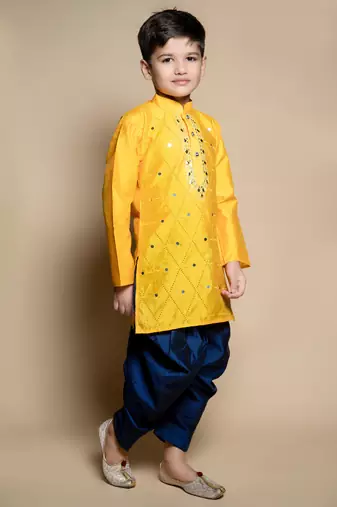Nfc creation embroidery & mirror work yellow dupion silk kurta and patiyala set for boys
