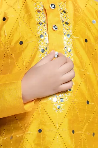 Nfc creation embroidery & mirror work yellow dupion silk kurta and patiyala set for boys