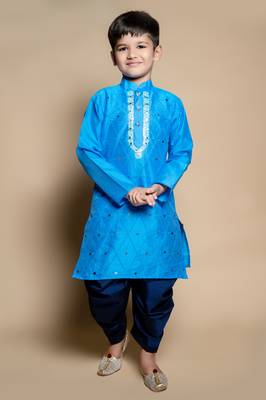 Nfc creation embroidery & mirror work blue dupion silk kurta and patiyala set for boys 1