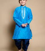 Nfc creation embroidery & mirror work blue dupion silk kurta and patiyala set for boys