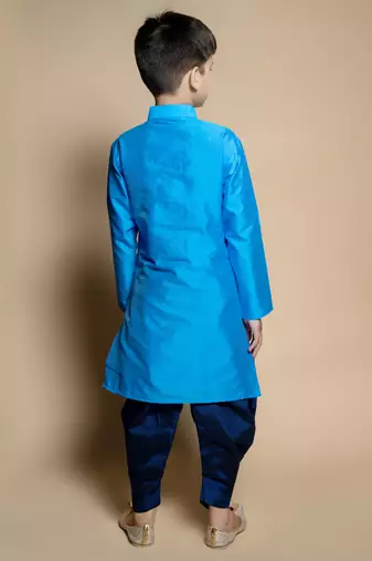 Nfc creation embroidery & mirror work blue dupion silk kurta and patiyala set for boys