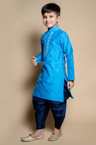 Nfc creation embroidery & mirror work blue dupion silk kurta and patiyala set for boys