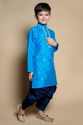 Nfc creation embroidery & mirror work blue dupion silk kurta and patiyala set for boys 4