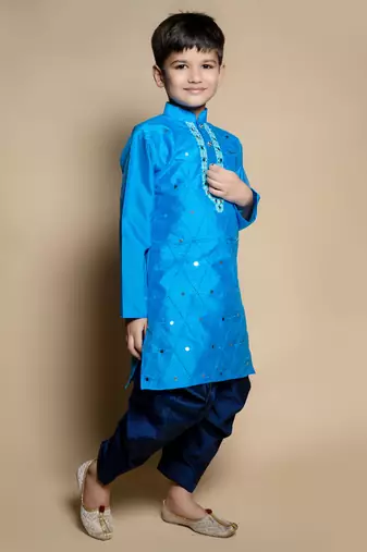 Nfc creation embroidery & mirror work blue dupion silk kurta and patiyala set for boys