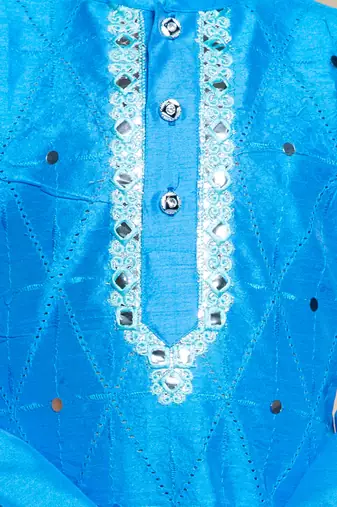 Nfc creation embroidery & mirror work blue dupion silk kurta and patiyala set for boys