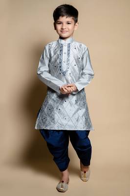 Nfc creation embroidery & mirror work grey dupion silk kurta and patiyala set for boys 1