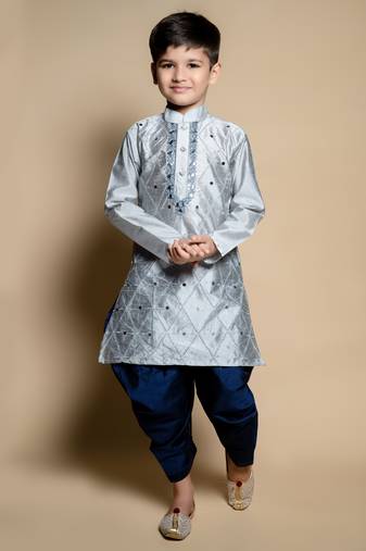 Nfc creation embroidery & mirror work grey dupion silk kurta and patiyala set for boys