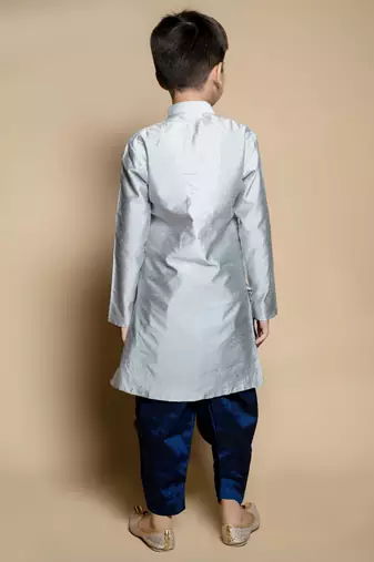 Nfc creation embroidery & mirror work grey dupion silk kurta and patiyala set for boys