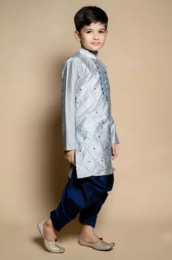 Nfc creation embroidery & mirror work grey dupion silk kurta and patiyala set for boys
