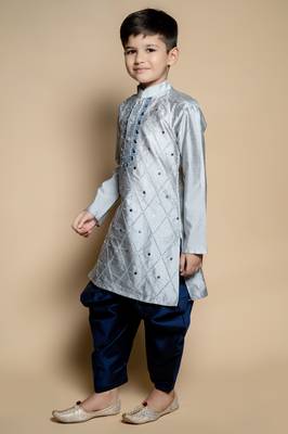 Nfc creation embroidery & mirror work grey dupion silk kurta and patiyala set for boys 4