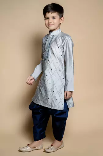 Nfc creation embroidery & mirror work grey dupion silk kurta and patiyala set for boys