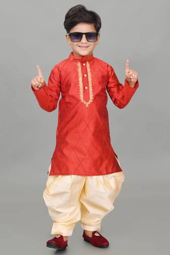 Nfc creation embroidery work maroon dupion silk kurta and patiyala set for boys