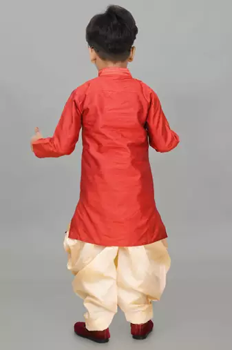 embroidery work maroon dupion silk kurta and patiyala set for boys