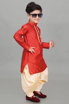 embroidery work maroon dupion silk kurta and patiyala set for boys 3