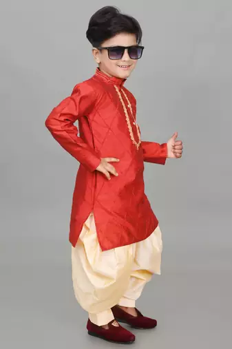 embroidery work maroon dupion silk kurta and patiyala set for boys