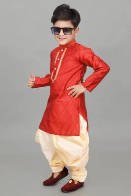 embroidery work maroon dupion silk kurta and patiyala set for boys 4