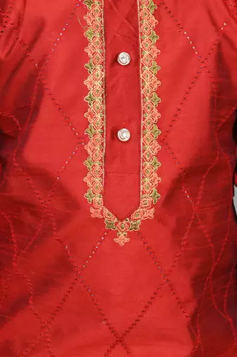 embroidery work maroon dupion silk kurta and patiyala set for boys